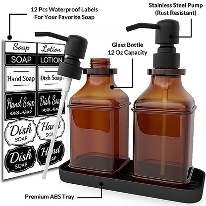 LMQML Soap Dispenser - 2 Pack, Antique Design Thick Amber Glass Hand Soap Dispensers with Sturdy Tray; 304 Rust Proof Stainless Steel Black Pump, 12Pcs Stickers, for Kitchen, Bathroom- Black - color: Brushed-black
