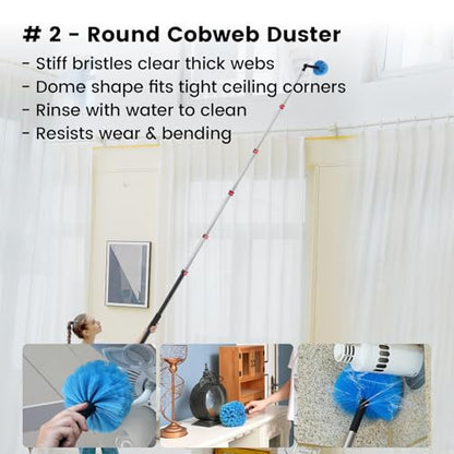 20FT High Reach Cleaning Kit - Includes 12FT Telescoping Extension Pole Bendable Chenille Duster & Microfiber Duster Cobweb Duster Glass Scrubber & Squeegee Swivel Head - for Ceiling Fans Windows - size: 12ft+5PC-kit1