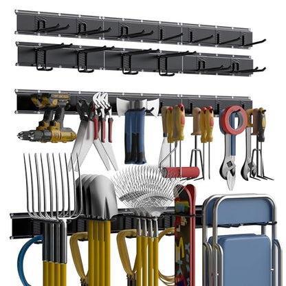 Garage Tool Organizer Wall Mount with 96 inches Rails and 13 Adjustable Heavy-Duty Hooks, Garden Tool Organizer, 19 Pack Carries 820 lbs, Heavy Duty Garage Storage Rack For Yard, Shed, Easy to install - size: 96 inch with 6 Panels & 13 Hooks