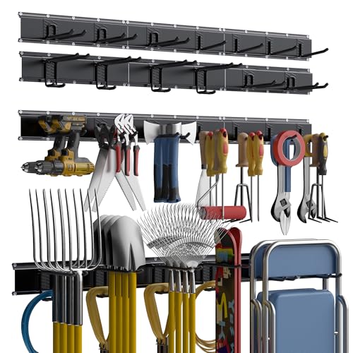 Garage Tool Organizer Wall Mount with 96 inches Rails and 13 Adjustable Heavy-Duty Hooks, Garden Tool Organizer, 19 Pack Carries 820 lbs, Heavy Duty Garage Storage Rack For Yard, Shed, Easy to install - size: 96 inch with 6 Panels & 13 Hooks