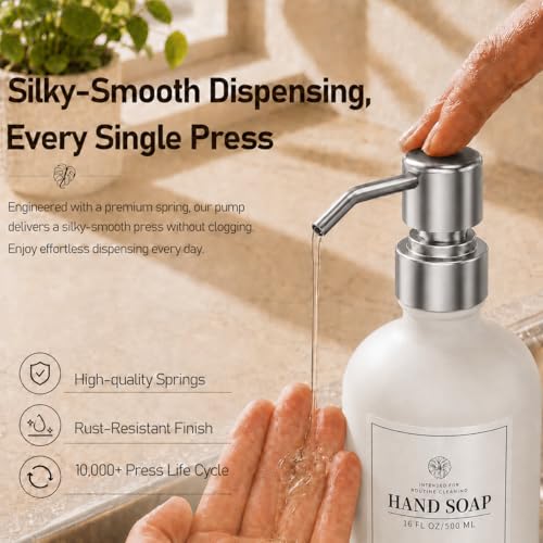 Fachixy White Glass Soap Dispenser (2 Pack), 16 Fl Oz Hand & Dish Soap Dispenser Bottles Set with Rust-Resistant Stainless Steel Pump, Non-Slip Pad, 14 Waterproof Labels for Kitchen and Bathroom - color: Off-white
