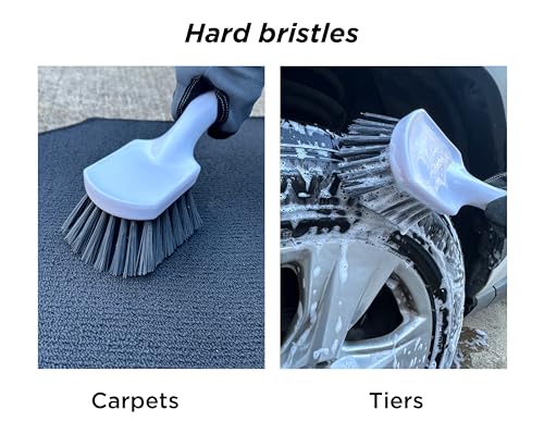 Short Handle Car Wheel and Tire Brush | Auto Detailing Car Wash Brush | Deep Cleaning Brush for Tires, Rims, Wheel Wells, Carpets, and Upholstery | Soft Bristles and Stiff Bristles | Pack of 2