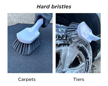 Short Handle Car Wheel and Tire Brush | Auto Detailing Car Wash Brush | Deep Cleaning Brush for Tires, Rims, Wheel Wells, Carpets, and Upholstery | Soft Bristles and Stiff Bristles | Pack of 2
