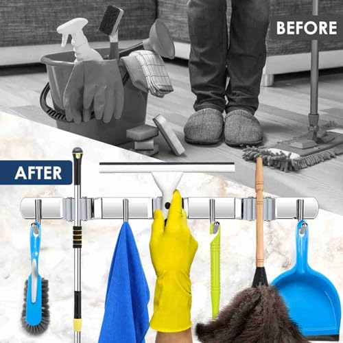 Tool Holder,2 Pack 3 Clip 4 Hook Rack,Steel Anti Rust Wall Mount Multi Function Storage for Kitchen Bathroom Garden Household Cleaning Tool Organizing Accessories