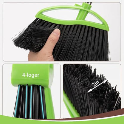 Soft Bristles Green Angle Broom and Dustpan Set, Long Handle Household Indoor Broom with Dustpan Combo Set for Room Kitchen Lobby Office Hardwood Floor Sweeping Floor Cleaning