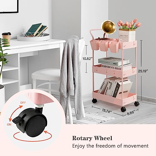 danpinera Slim Storage Cart, 3 Tier Narrow Rolling Cart on Wheels Bathroom Organizer with Dividers Handle Hanging Cups Hooks for Laundry Room Kitchen Small Spaces, Pink - style: 3 Tier Pink