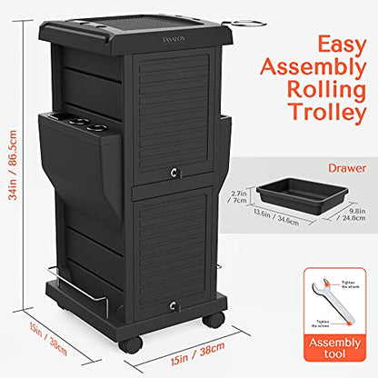 TASALON Professional Salon Trolley Cart, Lockable 6 Trays & 2 Holders, Space Saving Mobile Storage for Hair Salon and Beauty Station - Black - color: Black