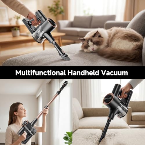 Cordless Stick Vacuum Cleaner - 40KPA Powerful Suction Vacuum with 45 Min Runtime, Detachable Battery, Anti-Tangle & 1.5L Dust Cup, 8 in 1 Vacuum Cleaner for Pet Hair, Carpet, HardFloor, Gold