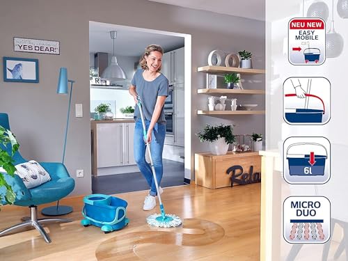 Leifheit Clean Twist Spin Mop and Bucket Set with Rollers | Telescopic Handle, 360° Joint, Spin-Dry System | Easy Glide Wheels | Blue - style: Clean Twist 2.0 Mobile