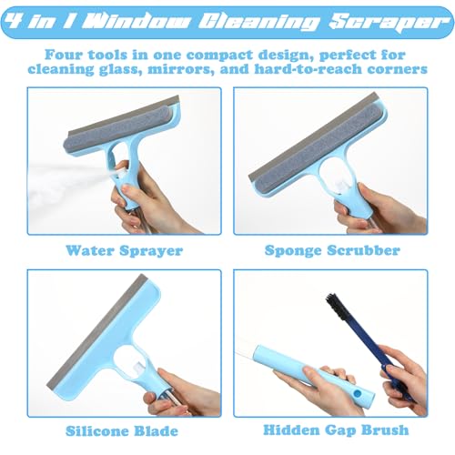 Lothee 1pcs 3 in 1 Window Squeegee, 23'' Long Handle Window Cleaning Scraper, Squeegee and Scrubber with Spray for Walls, Car Windshields, Bathrooms, Kitchens (Bule) - color: Bule