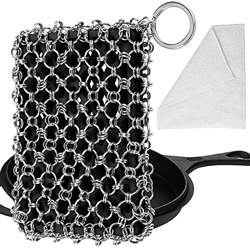 Herda 316L Cast Iron Scrubber Cleaner, Large Chainmail Scrubber for Cast Iron Pan - Chain Mail Scrubber Cast Iron Sponge - Metal Cast Iron Skillet Scrubber, Wok, Dutch Oven Cast Iron Cleaning Kit - color: Black