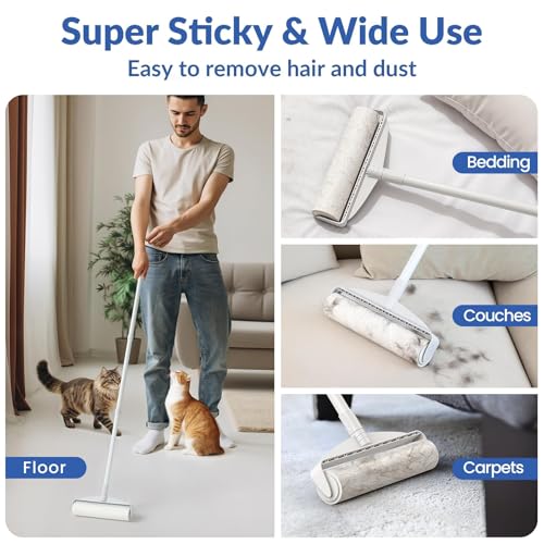 Large Lint Rollers for Carpet: Sticky Rollers for Floor DELOMO 9.45 in with 3 Extendable Handle, Long Handle Sticky Mop for Cleaning Carpets, Cars, Bedding, Couches, and Pet Hair - for Pet Homes - size: A: 1 Roller + 4 Refills (Wide: 9.45 in)