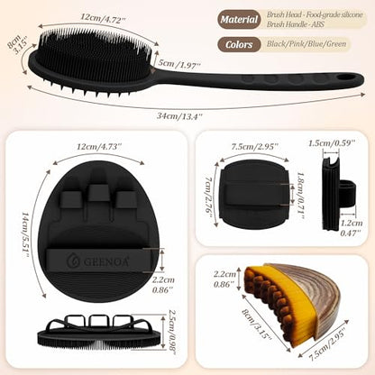 Silicone Back/Body/Face Scrubber & Lymphatic Contour Face Brush Set 4PCS, 13.4'' Soft Back Scrubber, 360° Anti-Slip Bath Glove, Unique Side-bristled Face Scrubber for All-Round Cleaning(Black) - color: Black*4