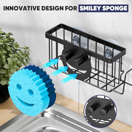 MURLONG Sponge Holder for Kitchen Sink,Sink Caddy Smiley Face,4-in-1 Sponge Holder with Suction Cups & 1 PCS Adhesive Strips for Holding Soap,Brush,Scrubber,Sponge,Stopper-Black - color: Black