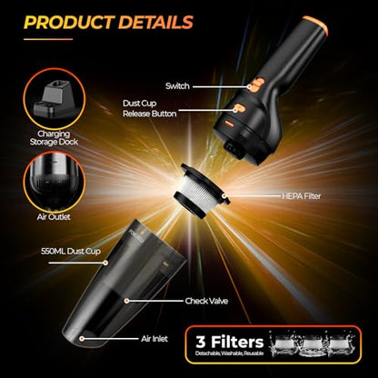 Handheld Vacuum Cordless Rechargeable,Car Vacuum Cleaner with High Power 12000PA Suction,Large-Capacity Battery, with Fast Charging Dock,Dust Busters Wet Dry for Home Car Office Pet