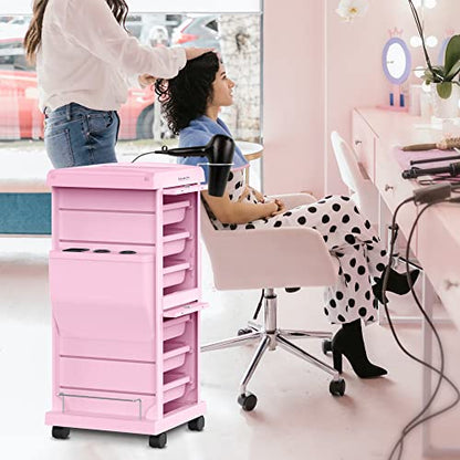 TASALON Professional Salon Trolley Cart, Lockable 6 Trays & 2 Holders, Space Saving Mobile Storage for Hair Salon and Beauty Station - Pink - color: Pink