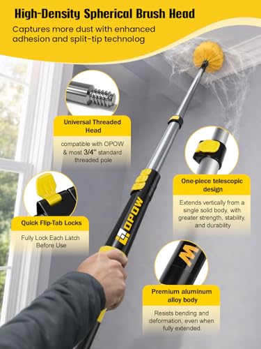 5-18ft Cobweb Duster with Extension Pole, Opow 25ft High Reach Spider Web Brush, Aluminum Telescopic Pole, Webster Duster with 2 Washable Heads and Universal Joint Angle Adaptor for Outdoor & Indoor - size: 18 feet