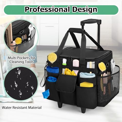 LoDrid Rolling Cleaning Caddy with Lid, Cleaning Supplies Organizer with Detachable Trolley, Cleaning Caddy Cart on Wheels with Handle and Shoulder Strap for Housekeepers, Black, Bag Only - color: Black