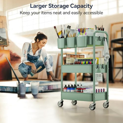 YASONIC 3-Tier Rolling Cart, Green, 66 Pounds Capacity, Mesh Storage Organizer with Lockable Wheels, 3 Hanging Cups, 4 Hooks, Easy Assembly, for Kitchen, Bathroom, Laundry, Grocery - color: Green