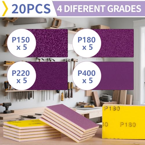 20 Pcs 3 x 4 Inch Sanding Sponge Set, 150/180/220/400 Grit Abrasive Sanding Sponges Pads Soft Foam Hand Sander Block Wet Dry Purple Ceramic Sand Sandpaper for Wood Metal Paint Polishing - size: 20pcs Mix Grit, style: Ceramic Sand