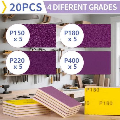 20 Pcs 3 x 4 Inch Sanding Sponge Set, 150/180/220/400 Grit Abrasive Sanding Sponges Pads Soft Foam Hand Sander Block Wet Dry Purple Ceramic Sand Sandpaper for Wood Metal Paint Polishing - size: 20pcs Mix Grit, style: Ceramic Sand