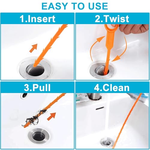 5Pcs Drain Snake, 20In Flexible Durable Sink Snake Auger Cleaner Tool with Barbed Teeth for Kitchen Bathroom Shower Tub Toilet Sewer, Clog Hair Remover Tool, Easy to Use Drain Opener, Orange