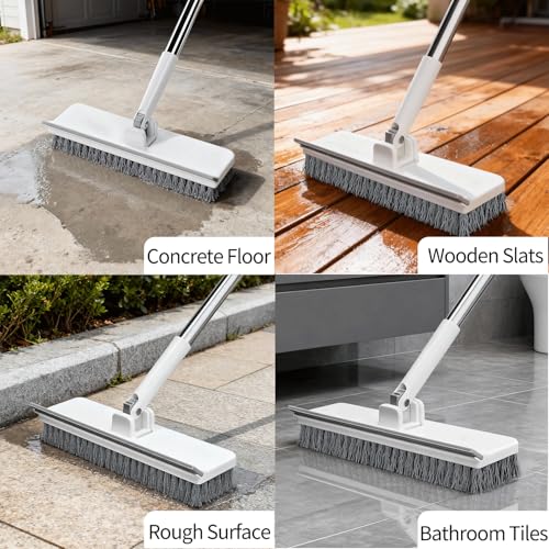 Floor Scrub Brush with 55" Long Handle, 2-in-1 Floor Brush with Built-in Squeegee, Adjustable Angle Head and Stiff Bristles for Tile, Wood, Concrete & Textured Floor Cleaning