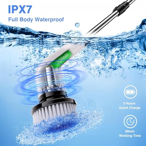 Electric Spin Scrubber, Full Body Waterproof Cordless Cleaning Brush with 7 Replaceable Brush Heads Power Scrubber Shower Adjustable & Detachable Handle for Bathroom, Tub, Tile, Floor, Car