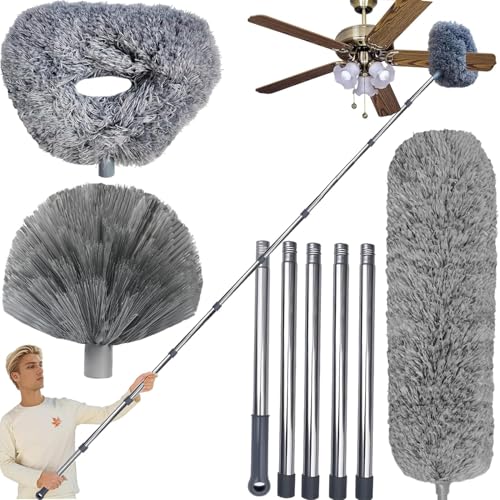 20+ Ft High Reach Ceiling Fan Duster & Cobweb & Corner Brush Duster with 3-14 ft Spliceable Pole Microfiber Feather Duster for Spider Web, High Ceiling, Blinds, Furniture Cleaning Tool Kit