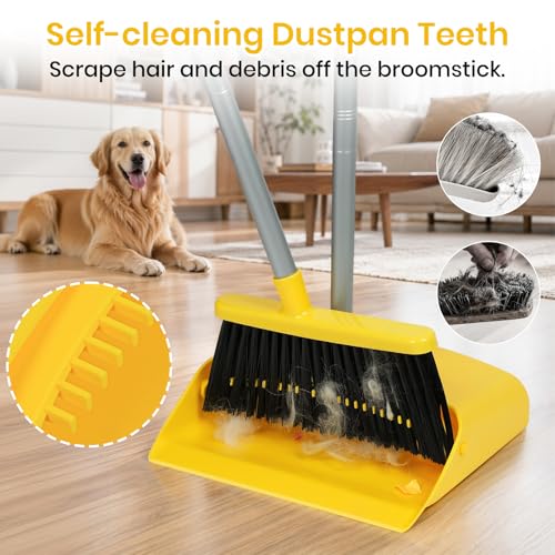 Stand Up Dustpan and Broom Set 50” Long Handle Broom with Dust Pan, with Self Cleaning Combe for Ergonomic Home Office Classroom Indoor Sweeping