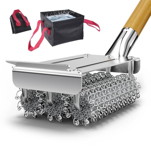 HOUSE AGAIN Grill Brush Bristle Free + Collapsible Water Bucket, Safe BBQ Outdoor Grill Accessories Cleaning Brush Scraper with Durable Dunk Tank for Great Value Bundle/Ideal for Dad - style: Wood+Collapsible Water Bucket