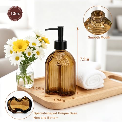 Black Pump Glass Soap Dispenser, 12oz Brown Stripe Countertop Refillable Liquid Bottle Hand Dish Lotion Dispenser with Plastic Pump, for Kitchen, Bathroom Countertop - color: Amber R
