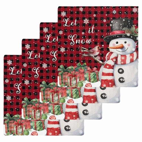 Buffalo Christmas Dish Towels Set, Waffle Weave Kitchen Towels 4 Pieces, Red Snowman Snowflake Microfiber Hair Face Bath Tea Towel Absorbent Quick Drying Cleaning Dish Cloths, 12"x12" - color: Red Black, size: 4PCS,12"x12"