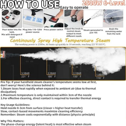 Foandbevi Steam Cleaner 2500W High Pressure Steamer for Cleaning, Car Steamer Handheld Steam Cleaner for Home Use, Steam Cleaner for Upholstery, Kitchen, Bathroom, Grout - color: Grey