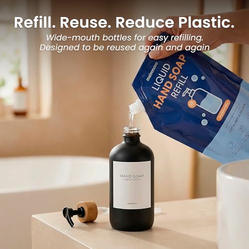 MaisoNovo Glass Hand Soap Dispenser | Dish Soap Dispenser for Kitchen | 16.9oz Black Bottles with Black Bamboo Pump | Bathroom Lotion Dispenser - color: Single Black Bottle/Black Bamboo Pump