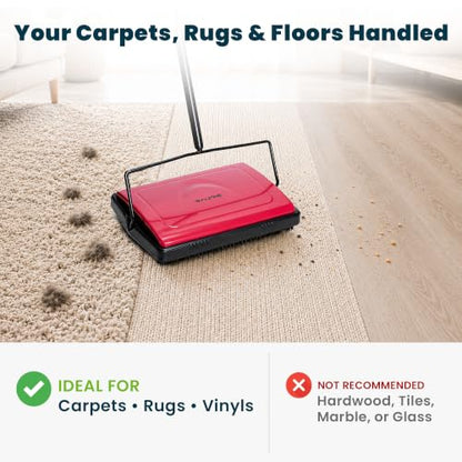 Alpine Manual Carpet Sweeper - Non Electric Triple Brush Push Floor Sweeper for Carpets, Rugs and Vinyl Floors - Red (Improved) - color: Improved Red