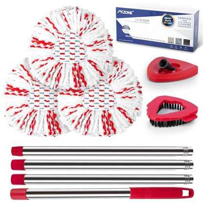 Spin Mop Head Replacement Base Handle Compatible with O Cedar EasyWring 1-Tank System, 3 Pack 40% More Cleaning Power Replace Heads, 1 Mop Handle, 1 Base and 1 Scrub Brush Combo Set - size: 6pcs 1-Tank Mop Set