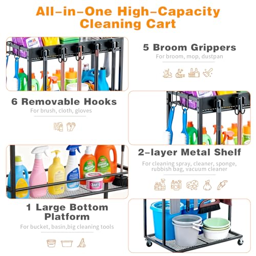 Easy-Assembly Broom Holder Cart for Laundry | Sturdy & Multifunctional Storage Cart, 22" Wide, 300-lb Capacity, Lock-brake Wheels, Holds Vacuum & Steam Mop