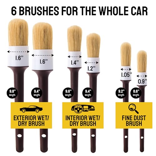 Car Detailing Brush Set 6-Pack - Soft Boar Hair Interior & Exterior Detailing Kit - Car Interior Cleaning Brushes for Leather, Piano Black Trim, Dashboards, Wheels and Engine Bay - Detail Dudes - size: 6 Pack(Advanced)