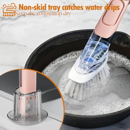 Soap Dispensing Replacement Dish Brush with 2 PCS Brush Refills & Holder | RIMAY Dispenser Scrub Cleaning Scrubber Kitchen Dishwashing Dish Wand Handle for Dishes/Pans/Pots/Sink(Pink) - color: Pink