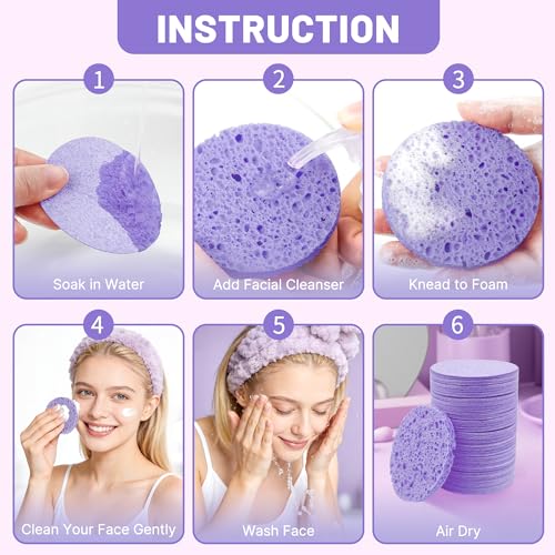 100-Count Compressed Facial Sponges for Washing face, Natural Cellulose Cosmetic Makeup Sponge for Facial Cleansing, Slight Exfoliating, Makeup Removal-(Purple Round Sponge) - color: Purple-round