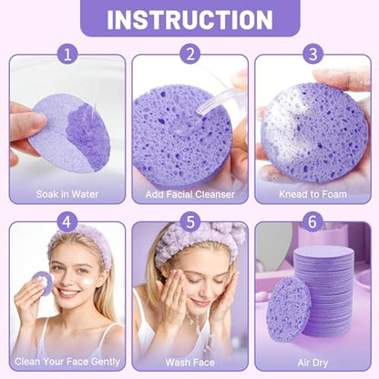 100-Count Compressed Facial Sponges for Washing face, Natural Cellulose Cosmetic Makeup Sponge for Facial Cleansing, Slight Exfoliating, Makeup Removal-(Purple Round Sponge) - color: Purple-round