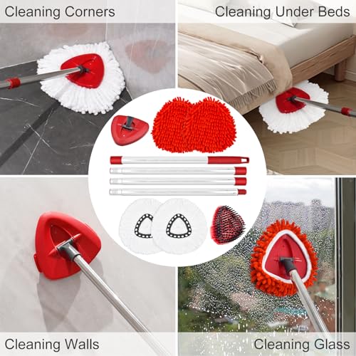 7 Packs Replacement Mop Heads& Handle Scrub Brush and Base Combo Set Compatible with O Cedar Spin Mops Refills，30-58" Mop Handle and Microfiber Head Refills for Cleaning - color: 2red+2white