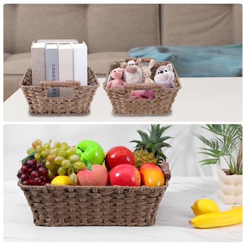 2 Pack Large Waterproof Wicker Storage Basket – 15"x10.6"x5.1" Brown Polypropylene Woven Baskets with Wood Handles & Metal Frame for Pantry, Bathroom, Bedroom, Patio