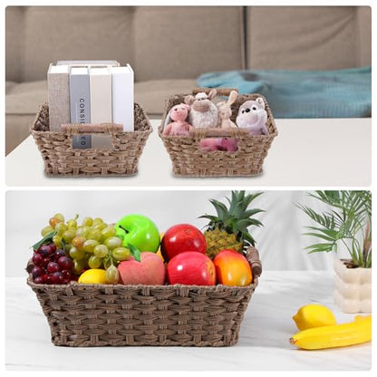 2 Pack Large Waterproof Wicker Storage Basket – 15"x10.6"x5.1" Brown Polypropylene Woven Baskets with Wood Handles & Metal Frame for Pantry, Bathroom, Bedroom, Patio