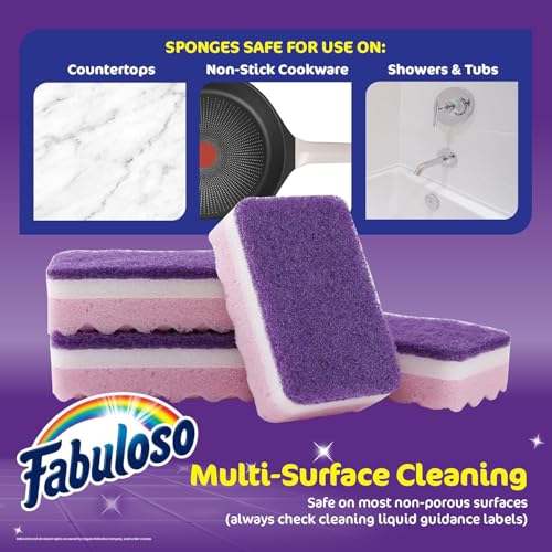 Fabuloso Scratch-Free Kitchen Dish Sponges Purple Cellulose Scrubber Sponge with Scouring Pad Dishes Pots Pans Counters and Sinks Tough on Messes 4.25 x 2.75 x 1.25 in 4 Count 2 Pack Extended Supply - color: Purple, size: 4 Count (Pack of 2)