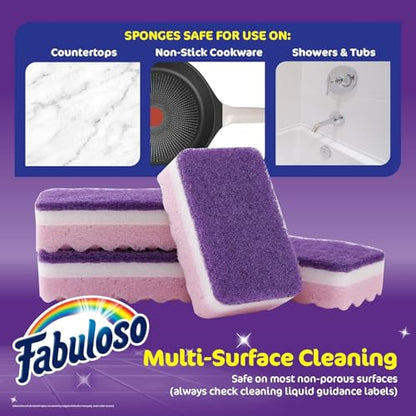 Fabuloso Scratch-Free Kitchen Dish Sponges Purple Cellulose Scrubber Sponge with Scouring Pad Dishes Pots Pans Counters and Sinks Tough on Messes 4.25 x 2.75 x 1.25 in 4 Count 2 Pack Extended Supply - color: Purple, size: 4 Count (Pack of 2)