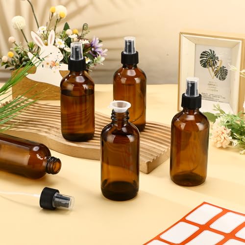 Norme 12 Pcs 8 oz Glass Spray Bottles with Funnels and Labels Refillable Cosmetic Empty Spray Bottles with Sprayer Containers for Essential Oil Cleaning Solutions(Amber,Stylish) - color: Amber, style: Stylish