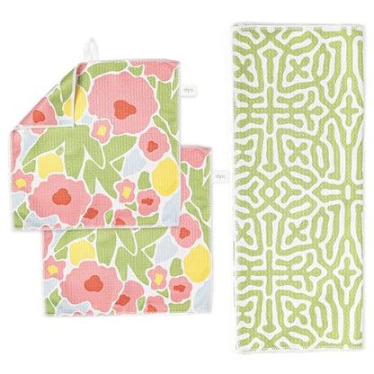 ELYN Microfiber Kitchen Dish Towel & Dish Cloth Set, Quick-Dry & Absorbent Waffle Weave Cleaning Cloths, Set of One Kitchen Towel & Two Washcloths, Paper Towels Alternative (Bold Floral & Geo) - color: Bold Floral & Geo, style: Towel & Cloth Set
