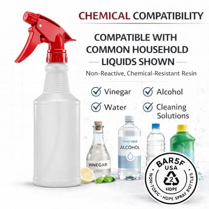 Bar5F Spray Bottles, 16 Oz, 4 Pack, Chemical-Resistant HDPE, BPA-Free, Non-Toxic, Red Trigger Sprayers, Refillable Empty Sprayer Bottle for Cleaning Solutions, Vinegar, Alcohol, Made in USA
